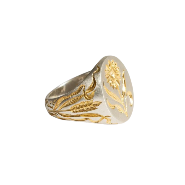 Gold botanical signet ring